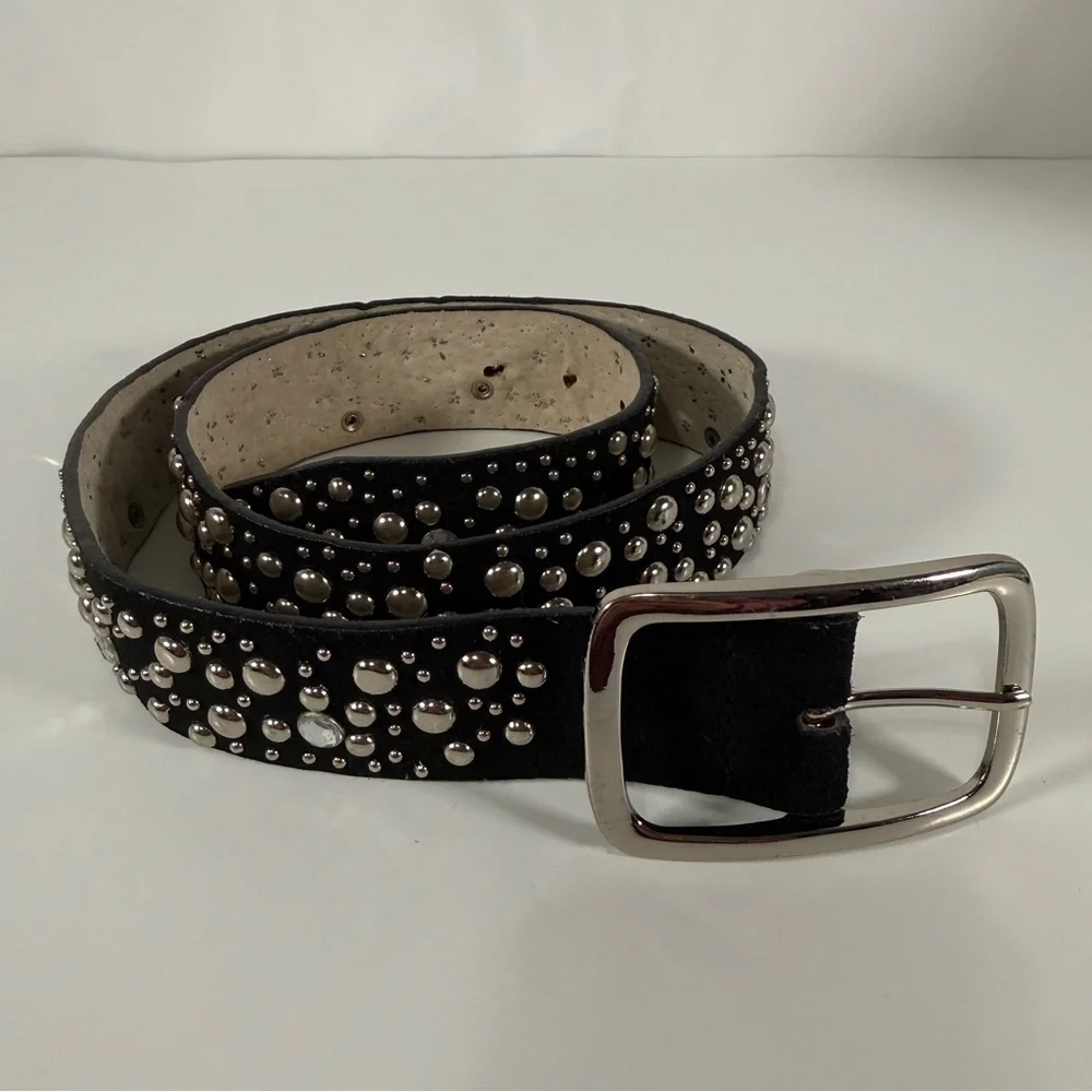 Studded Black Suede Belt with Silver Buckle, size M